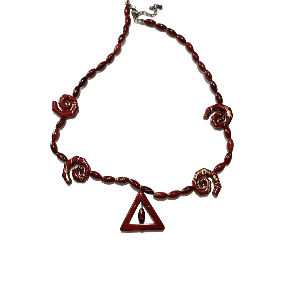 Vintage Acrylic Red Bead Necklace Deep Cherry Red w/ Swirls Gold Accents ~18"